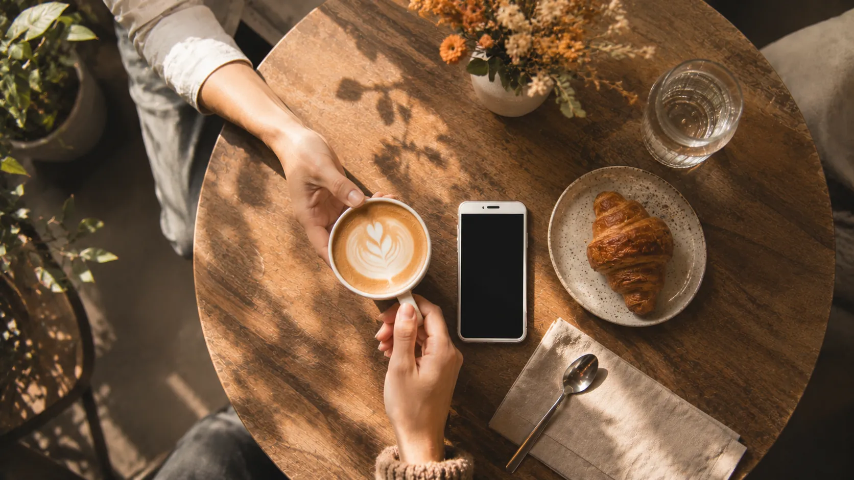 Im Café: Smartphone liegt griffbereit