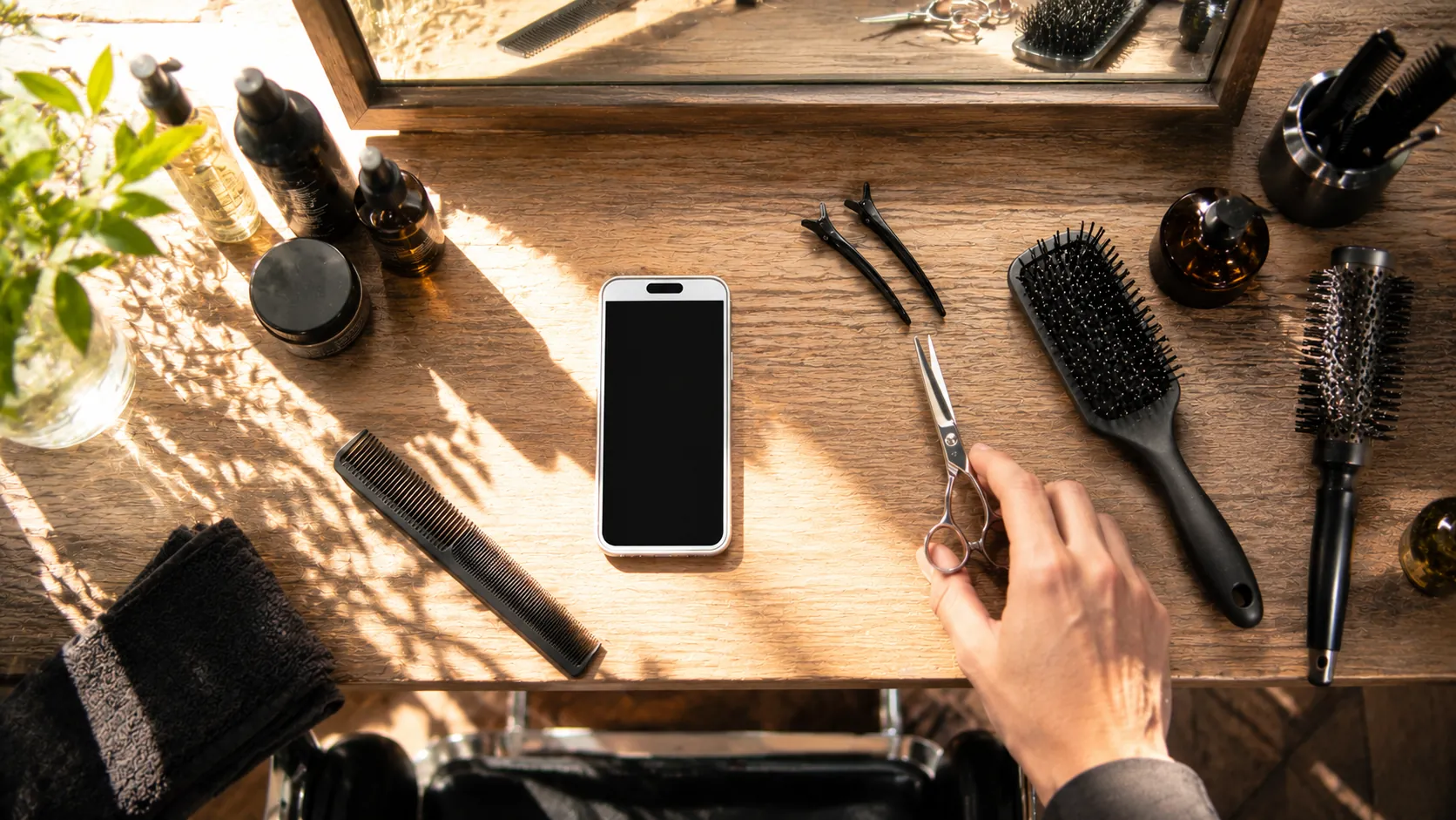 Beim Friseur: Smartphone liegt griffbereit