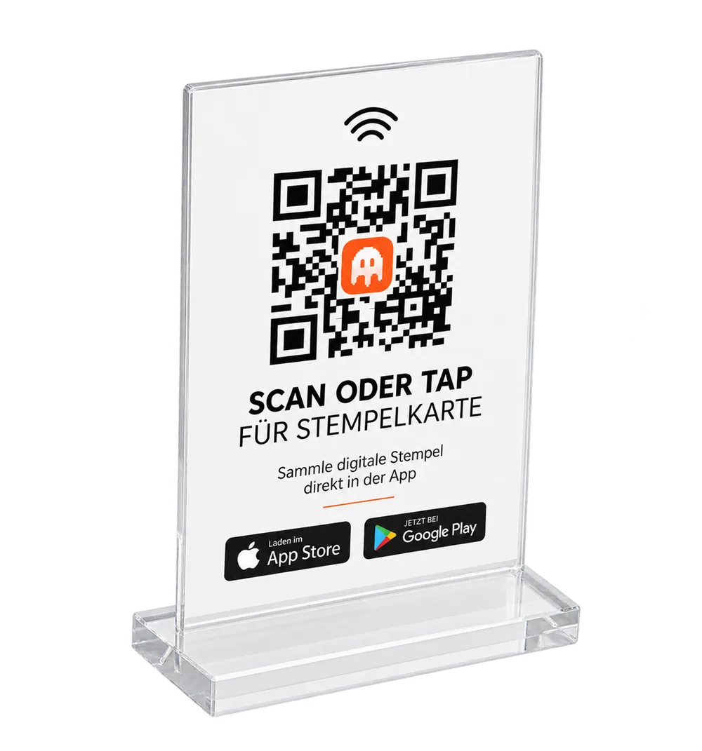 Espositore trasparente con codice QR e simbolo NFC per la tessera timbri digitale